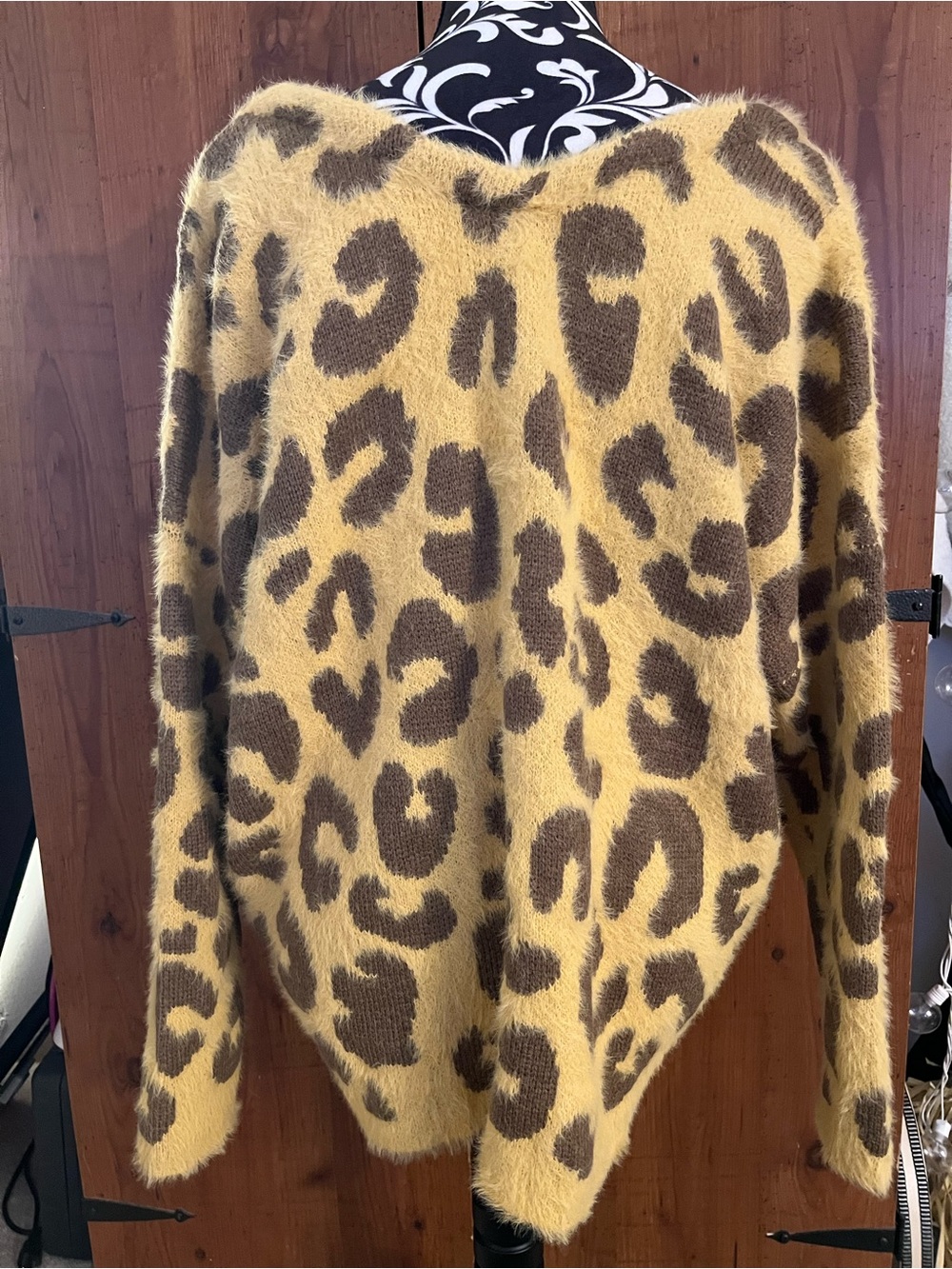 POL Fuzzy Leopard Off-Shoulder Sweater - Mustard & Brown